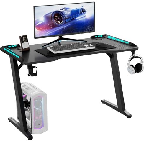 Hironpal Black Gaming Desk with LED Lights, Computer Desk Workstation for Home Office Desk with Carbon Fibre Surface, PC Study Table with Cup Holder and headphone Hook for Laptop Home Office, Black