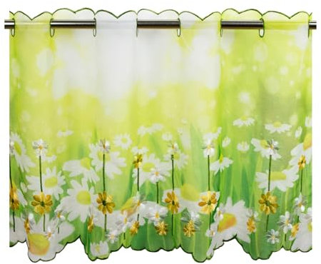 Scheibengardine Sommerwiese für die Küche, grüne Bistrogardine, Moderne und halbtransparente Gardine für den Frühling und Sommer, 45x85 cm