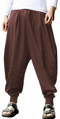 AITFINEISM Men's Drawstring Casual Hippie Harem Pants Loose Drop Crotch Trousers (XXL,Brown)