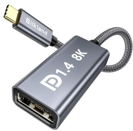 Silkland Adattatore USB C a DisplayPort 1.4, [8K@60Hz, 4K@144Hz/120Hz, 2K@240Hz, 32.4Gbps] Thunderbolt 4/3 a DisplayPort 1.4 per iPhone 15 Serie, MacBook Pro/Air M1/M2 iPad Pro/Air, Galaxy S8-S24, XPS