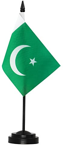 Anley Pakistan Deluxe Desk Flag Set - 6 x 4 Inch Miniature Pakistani PK PAK Desktop Flag with 12 Solid Pole - Vivid Color and Fade Resistant - Black Base and Spear Top