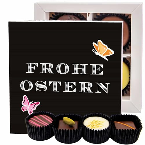 Hallingers Genuss Manufaktur Pralinen Oster-Geschenk - ohne Alkohol, handmade aus Confiserie-Edelkakao in wertiger Geschenkbox Frohe Ostern Black, Ostern Körbchen für Frauen Männer