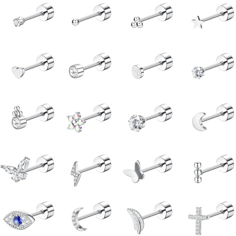 KALVICA Flat Back Earrings for Women Hypoallergenic Surgical Steel Stud Earrings Set CZ Small Cartilage Earrings Helix Piercing Jewellery Screw Back Earrings 20G(S)