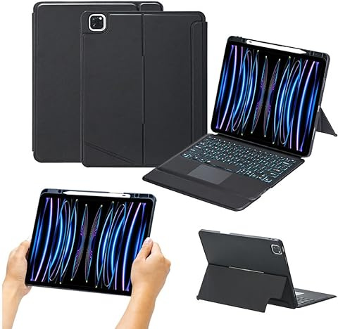QYiiD Funda para iPad Pro de 12.9 pulgadas 2022 con teclado, teclado para iPad Pro de 12.9 pulgadas de 6ª/5ª/4ª/3ª generación, funda de silicona + ABS, funda magnética desmontable con teclado Trackpad