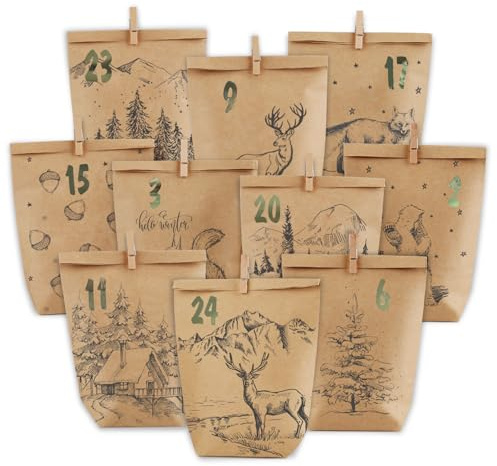 PANSIBY Adventskalender zum Befüllen, 24 Weihnachtskalender Papiertüten zum Selbstbefüllen, Geschenk Kraftpapiertüten Advents Tüten Selber Befüllen