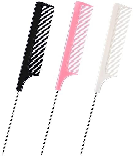 DAZISEN 3 Pieces Hair Comb - Anti-Static Tail Combs Fine Tooth Combs Salon Barber Hairdressing Comb with Stainless Steel Handle for Women and Men