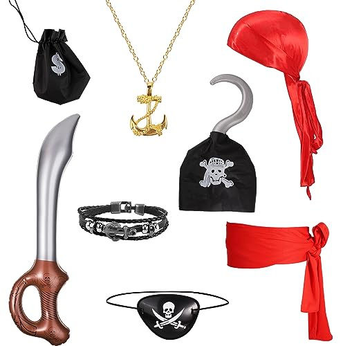 NQEUEPN Halloween Piraten Kostüm Set, 8-Teilig Piraten Kostüm Zubehör Kinder Einschließlich Augenklappe Rotes Kopftuch Anker-Halskette Piratenhaken Roter Stoffgürtel Geflochtenes Armband für Woman