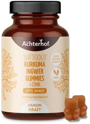 Kurkuma Ingwer Gummies + Zink 48 Stück | leckerer Apfel-Mango-Geschmack mit 94% Fruchtanteil | 4,2 mg hoch bioverfügbares Zink für eine normale Funktion des Immunsystems | vegan | vom Achterhof