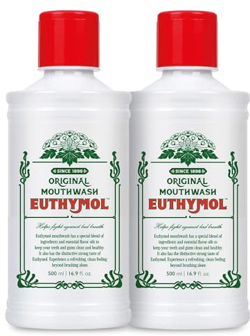 Euthymol Collutorio Originale 500ml x 2, Senza Fluoro, Gusto Intenso, Riduce la Placca, Denti e Gengive Sane, Rinfresca l’Alito, Cura Orale Quotidiana