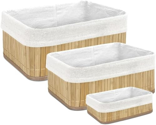 TIENDA EURASIA - Juego de 3 Cestas de Bambú, Forrado Interior de Tela, Color Natural, Grande 30 x 20 x 12 cm, Mediana 28 x 18 x 10 cm y Pequeña 25 x 15 x 8 cm, Organización del Hogar