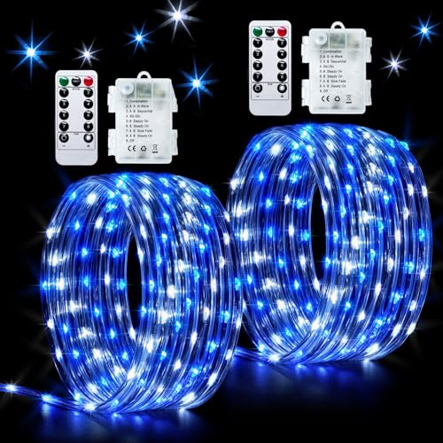 JMEXSUSS 2 Pack Rope Lights Battery Operated Christmas Lights Outdoor, Total 200LED 66ft 8 Modes Battery Powered String Lights with Remote, Blue and White String Light for Christmas Decor