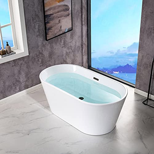 WOODBRIDGE 54 Acrylic Freestanding Bathtub Contemporary Soaking White Tub with Matte Black Overflow and Drain,B1702-MB