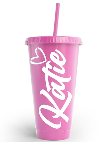 Cute Name & Heart Personalized Tumbler Kids & Adults 24oz Plastic Cold Cup Birthday Celebrations Partys
