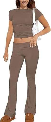 ABINGOO Tuta da Donna Casual 2 pezzi a Maniche Lunghe Aderente Crop Top Svasati a Vita Bassa Pantaloni Lounge set Yoga Tuta(Z-marrone,S)