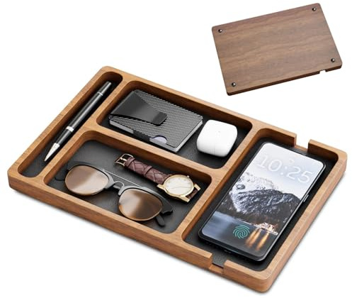 Hölzerne Valettenschale mit Ledereinlagen, 12x8 Fach Nacht Stand Organizer für Männer Frauen, fangen Sie alle Tablett für Schlüssel, Telefon, Brieftasche, Wache, Ohrhörergeschenk, Valet Tablett