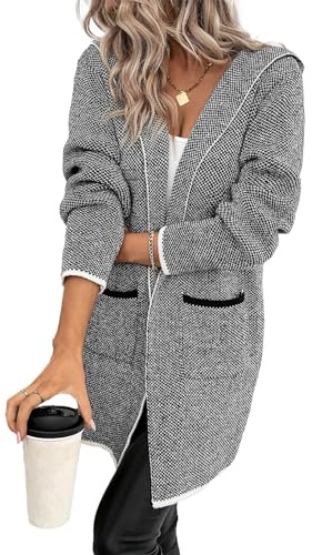 Sidefeel Cardigan Sweaters for Women Long Sleeve Open Front Contrast Fall Outfits Winter Clothing Chunky Knit Oversized Hooded Sweaters Coat Gray Medium