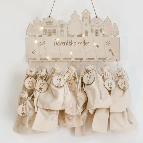 RUBY Adventskalender zum Befüllen Baumwollbeutel - mit Digitaler Holzspäne - Geschenksäckchen zum selber Dekorieren - Christmas Adventskalender zum Aufhängen-24 Baumwollbeutel zum Weihnachts-Deko DIY