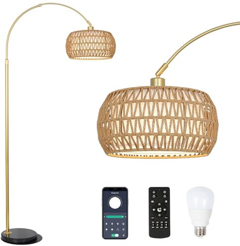 Rayofly Lampada da Terra da Soggiorno con Arco Oro, Lampada da Pavimento Moderna con Paralume in Rattan, Lampada da Pavimento Boho con Telecomando e Lampadina LED, Controllo App, Lampada da Pavimento