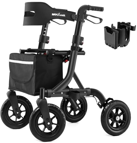 Rollator Walker for Seniors, Foldable All Terrain Rolling Walker with seat, Aluminum Walkers with 10 inch Rubber Wheels, Built-in Cable, Cup Holder, Adjustable Handles and Backrest for Seniors, Black