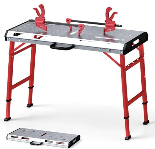 COSTWAY Banco de Trabajo Plegable, Mesa de Trabajo con Altura Ajustable en 7 Niveles, Agujeros y Ranuras para Herramientas, Banco Trabajo Taller de Metal Portátil con 2 Abrazaderas