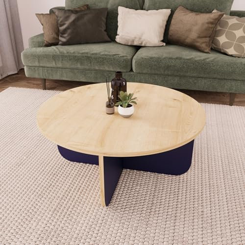 80cm Round Coffee Table, Modern Living Room Accent Table with Storage Shelf, Minimalist Wooden Design, Durable Scratch-Resistant Finish, Perfect for Apartments & Elegant Space (Oak & Blue, Beca)