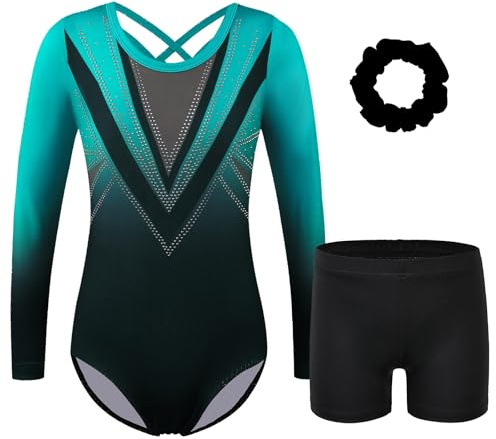 ZNYUNE Turnanzug für Mädchen mit Hose - Ärmellos - Tanzbody - Leotard - Schnelltrocknend - Langlebig - Gymnastik 3-16 Jahre - B380 Blackgreen 14A