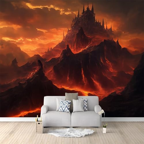 Papier Peint Intissé Style Fantastique Montagnes Château Lave 200 x 140 cm Papier Peint Photo Panoramique, Poster Geant Mural Personnalisé 3D, pour Salon Cuisines Chambre Adulte Enfant Décor Murale