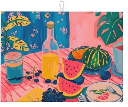 Colorido tapete de secado de platos de frutas de verano, tapete grande de microfibra para encimera de cocina, tapete de secado de platos súper absorbente, tapete de secado de platos fácil de limpiar
