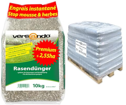 versando 510kg bis 25.500m² Rasendünger Herbst: verdrängt Moos und Unkraut | für gesunden sattgrünen Rasen Herbstdünger mit Sofortwirkung, 1/2 Palette 51x10kg - Premium Qualität
