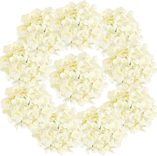 Auihiay 10 Stück Kunstblumen Hortensien, Faux-Blüten mit Stielen - Große Rispen für Baby Shower, Jubiläum, Heimdekoration & Blumendeko (Champagner)