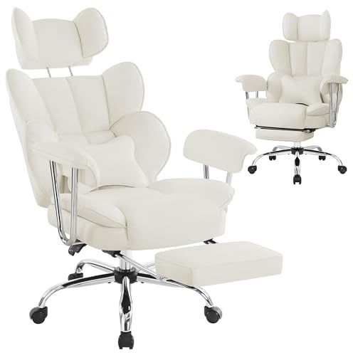 IWMH Bürostuhl Ergonomischer mit Fußstütze, PU Leder Chefsessel 200KG,Creme | Schreibtischstuhl mit Kopfstütze und Armlehnen Lendenwirbelstütze, XXL breiter Sitz, Höhenverstellbar Home Office