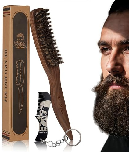 MenGate ​​Men's Stiff Boar Bristle Beard and Hair Brush, Walnut Handle with Mini Metal Keychain Comb, Portable Grooming Duo for Travel Home Use​​