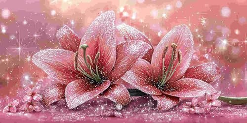 Rosa Lilien Diamond Painting Erwachsene Groß xxl, 5D Diamant Painting Bilder Anfänger Runder Vollbohrer Diamanten Malerei DIY Stickerei Kreuzstich Home Wand Dekor, Geschenke für Frauen 30x60 cm z-220
