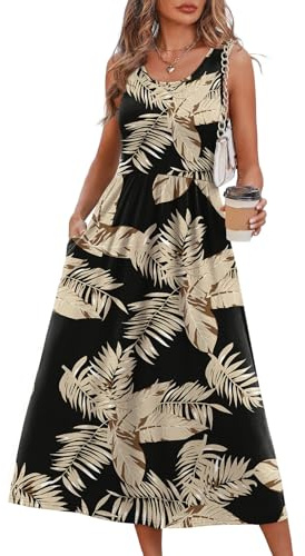 WIHOLL Beach Vacation Clothes for Women Sleeveless Scoop Neck Hawaiian Flowy Casual Midi Spring Summer Dresses for Women 2026 Black Leaf Maternity Maxi Dresses for Seniors L