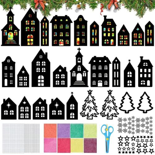 TUIBEIDAMAI 32 Stück Weihnachten Basteln Kinder Fenster, Weihnachts Bastelset Fensterbilder, Haus, Weihnachtsbaum, Terne, Bunte Weihnachten Deko, Kreatives DIY Bastelset Weihnachte Kinder