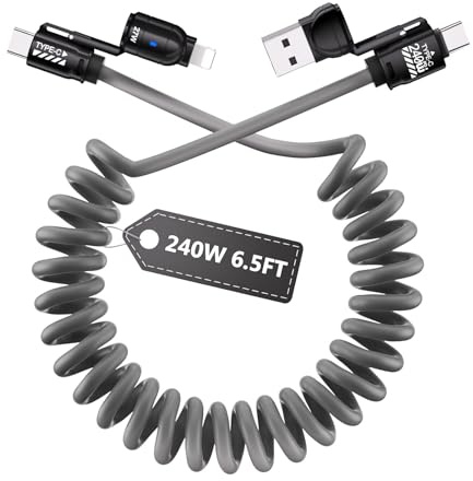 Homailida 4 in 1 Cavo Spirale, 240W Multi Cavo di Ricarica Rapida e Trasferimento Dati, USB-A/C a Type-C/L Porte per Apple CarPlay e Android Auto per iPhone17/16/15/14 iPad Android