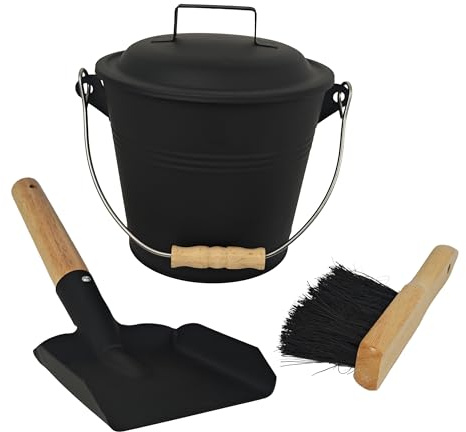 Relaxdays Cubo de Cenizas con Tapa, 4,5 l, Incluye Cepillo y Pala, asa, 18x21.5x16.5 cm, Negro/Natural