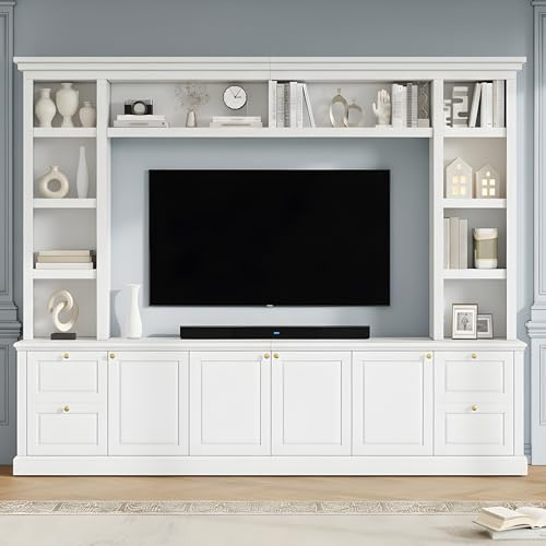 Marzzi Wall Unit TV Stand TVs up to 70, Modern Entertainment Center with 6 Doors Storage Cabinets, Bridge and Bookshelves, Large Media Console, Adjustable Shelves, Painted Finish