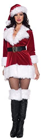 Secret Santa Women's Costume features A Sexy Plush White Faux Fur Trimmed Red Velvet Jacket Mini Dress with Black Vinyl Belt and Plush Fluffy Boot Cuffs with a Santa Hat