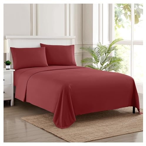 Sweet Home Collection Luxury Bedding Set with Flat, Fitted Sheet, 2 Pillow Cases, Microfiber, Burgundy, Queen