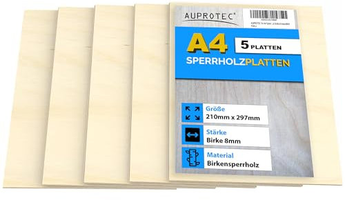 AUPROTEC 5x A4 Sperrholz-Platten Birke 8mm Multiplexplatten (210 mm x 297 mm) Bastel- und Laubsäge-Holzplatten Birke Massiv Multiplex Holz Industriequalität