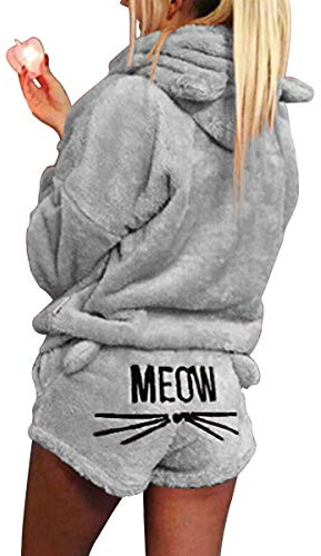 2pcs Women Cat Pajamas Cute Girls Sleepwear Soft Bathrobe Shorts Winter Lounge Sleepwear Sets (Color : Gray, Size : L)