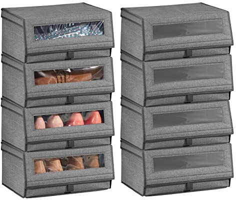 mDesign 8er-Set Schuhaufbewahrung aus Stoff – stapelbare Schuhbox mit Sichtfenster, Klettverschluss und Klappdeckel – Aufbewahrungsbox für den Schrank oder das Regal – dunkelgrau