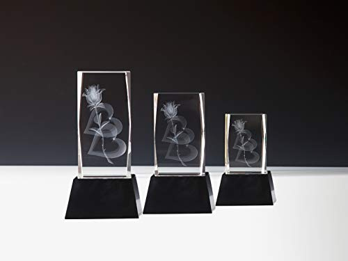 Henecka Pokal, Geschenk,Valentinstag,für Sie &Ihn,Glastrophäe 3D-Lasermotiv 2 Herzen mit Rose, Kristallglas, schwarzer Glassockel, mit Wunschgravur, Größe 11 cm