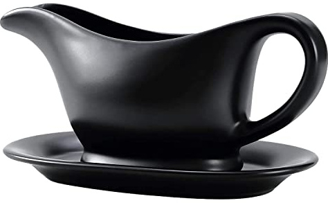 Bruntmor 11 Oz Black Ceramic Gravy Boat With Tray, 11 Ounce Small Ceramic Serving Dish, Dispenser with Tray For Sauces, Dressing and creamer, Gravy Boat With Saucer For Thanksgiving