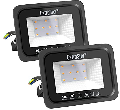 EXTRASTAR 10W LED Strahler Außen 2 Stücke,800LM 3000K Warmweiß Superhell Außenstrahler, IP65 Wasserdicht LED Fluter, Außenlampe für Garten, Innenhöfe, Garage, Hotel, Sportplatz