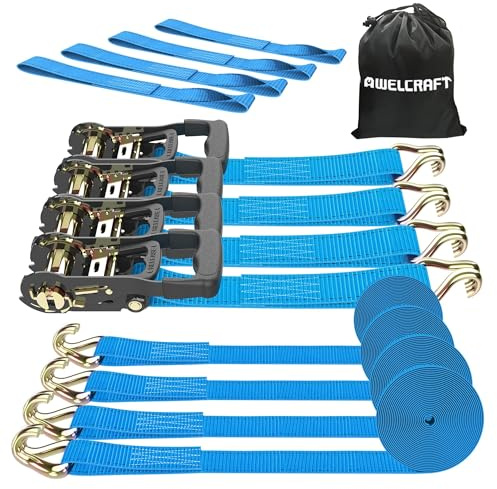 AWELCRAFT Spärrremmar (4-pack) – 2 041 kg brythållfasthet 3,5 tum x 35 tum kraftiga remmar med vadderade handtag, dubbla J-krokar och mjuka öglor för att flytta motorcykel, släpvagn och lastbilar