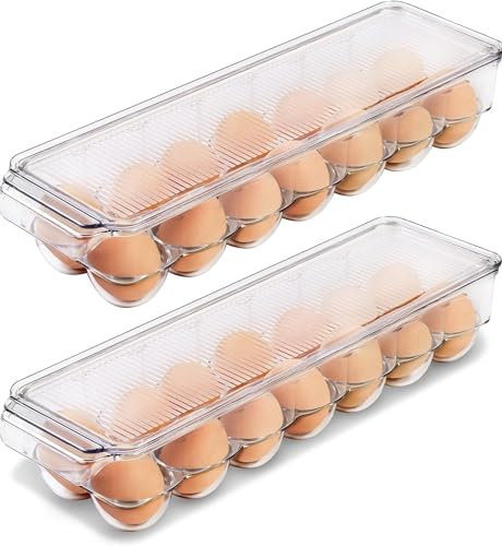 KICHLY Hueveras para frigorífico - Hueveras con 14 espacios, tapa y asa, Hueveras de plástico, bandeja para huevos (Pack de 2)