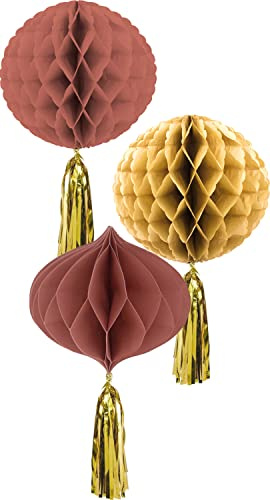 Folat 68497 Wabenbälle Golden Dusk 3 Stück - Dekoration Wabenbälle Set, Honeycomb Balls Deko für Geburtstag, Party, Baby Dusche, Hochzeit