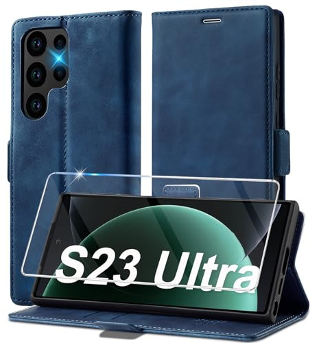 Handyhülle für Samsung Galaxy S23 Ultra Hülle Leder [Mit S23 Ultra Schutzfolie] für Samsung S23 Ultra 5G Hülle Klappbar Leder Flip Wallet, Stoßfeste Case Klapphülle für Samsung S23 Ultra 5G
